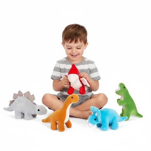 PASSIONFRUIT Stuffed Toy Dinosaur Animal Set – Set of 5 Dino Stuff Toy for Toddlers – with Volcano Zipper Carry Bag – Bright & Vibrant Plush Toy Set – Stuffed Dinosaur Toy for Kids –Easy to Carry