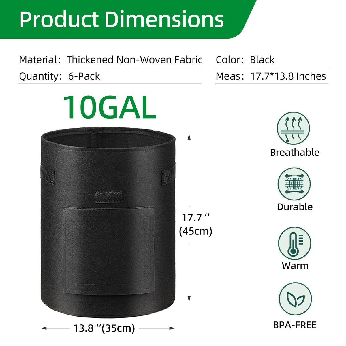6 Pack Potato Grow Bags, 10 Gallon Planting Bags Large Fabric Pots with Flap Window Vegetable Planter Garden Pot Tall Potato Growing Containers with Handles for Vegetables, Fruits, Black + Grey