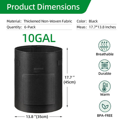 6 Pack Potato Grow Bags, 10 Gallon Planting Bags Large Fabric Pots with Flap Window Vegetable Planter Garden Pot Tall Potato Growing Containers with Handles for Vegetables, Fruits, Black + Grey