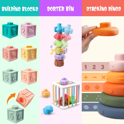 Plunack 6 in 1 Baby Toys 6 to 12 Months, Montessori Toy Infant Teething Babies Toy Stacking Blocks Rings Pull String Toy Sorter Sensory Bin