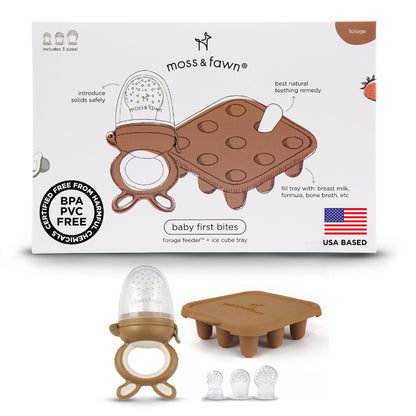 Moss and Fawn Baby's First Bites Bundle - Silicone Frozen Breast Milk Popsicle Kit with Forage Feeder & Teething Popsicle Ice Cube Tray - BPA, PVC, & Lead-Free - Foliage