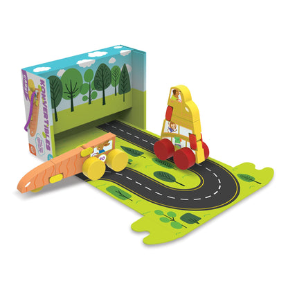 MindWare Konvertibles Transforming Wooden Cars – 2‑Piece Flip‑&‑Change Vehicle Set with Carry‑Along Box That Becomes 3‑D Road Scene, Toddler Toy for Ages 18 Months +