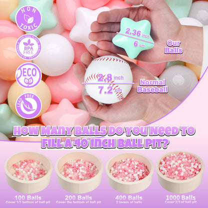 GOGOSO Ball Pit Balls,Plastics Balls for Ball Pit, Stars Hearts Shape for PastelBall for Toddlers Kids，6 Mix Colors, 1000pcs