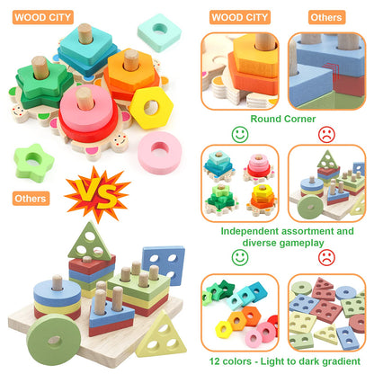 WOOD CITY Stacking Toys for Toddlers 1-3, Montessori Shape Sorter Baby Toys 12-18 Months, Wooden Block Educational Puzzle Toys for Boys Girls 1 2 3 4 Year Old Preschool Learning Gifts