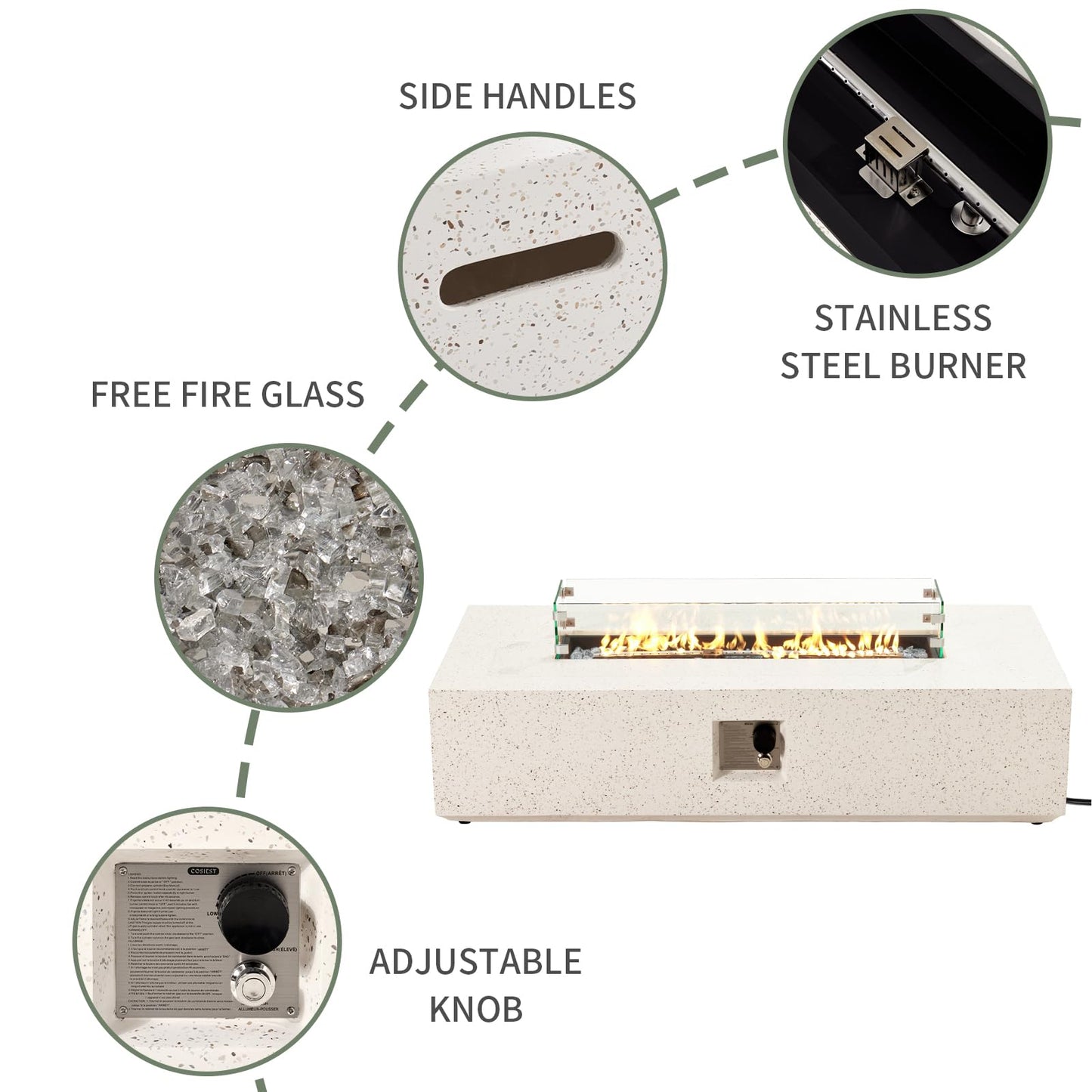 COSIEST Outdoor Propane Fire Pit Table, 56" x 28" Rectangle Terrazzo White Concrete-Like Finish, Certified, 50,000 BTU Stainless Steel Burner w Transparent Gray Fire Glass, Wind Guard, Raincover