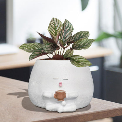 Toparad Smily Face Planter Pot with Coffee Cup Cute Resin Flower Head Planters for Indoor Outdoor Unique Sit Succulent Pots with Drainage Hole Gift IdeaI for Mother Christmas (White)