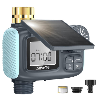 AnseTo Solar Sprinkler Timer, Solar & Type-C Rechargeable Water Timer for Garden Hose, Programmable Faucet System with Rain Delay/Manual/Auto Mode, Digital Irrigation Controller for Lawn/Yard/Pool