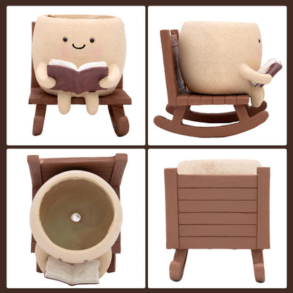 YOUOIVIA Rocking Chair Book Planter, Cute Smiley Face Succulent Plant Pots for Indoor Outdoor Plants, Unique Funny Flower Pots with Drainage Hole, Plant Gifts for Mother's Day, Birthday, Christmas