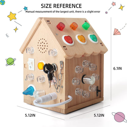 Dinhon Sound and Light Busy House Wooden Montessori Busy Board, Light Switch Games Toddler Sensory Toys Montessori Toys for 3+ Year Old Gifts for Boys and Girls