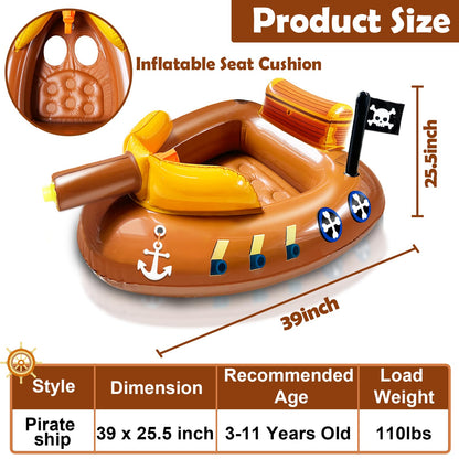 Inflatable Pirate Ship Pool Floats Kids 3-11 Years Toddler Pool Floaties with Water Cannon Gun Swimming Pool Toys Boys Girls Party Float Ride-on Floaty Rafts with Safety Seat Summer Outdoor Water Game