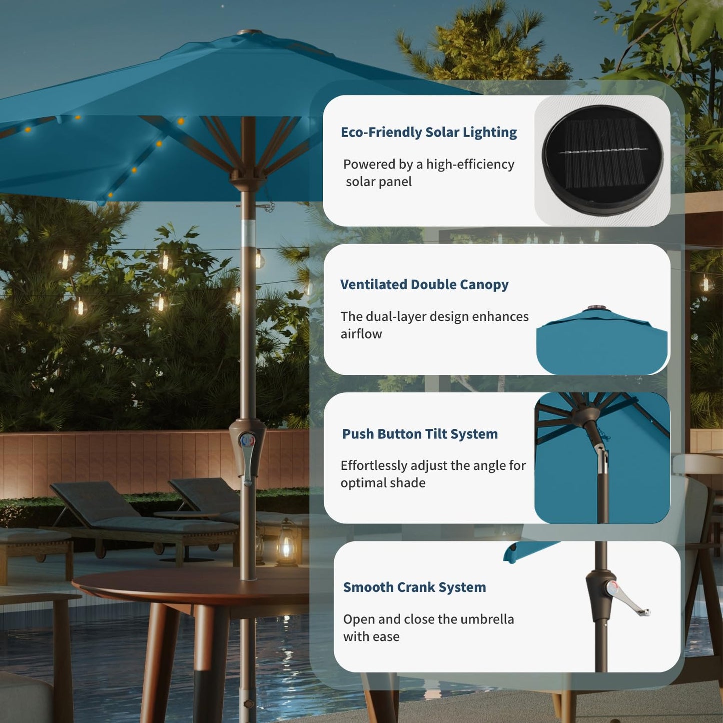 Patio Kingdom 9FT Solar Umbrella 32 LED Lighted Patio Umbrella Table Market Umbrella w/Tilt and Crank, UV-Resistant Outdoor Umbrella for Pool, Garden, Deck, Lake Blue