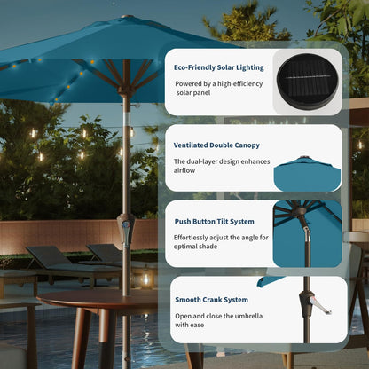 Patio Kingdom 9FT Solar Umbrella 32 LED Lighted Patio Umbrella Table Market Umbrella w/Tilt and Crank, UV-Resistant Outdoor Umbrella for Pool, Garden, Deck, Lake Blue