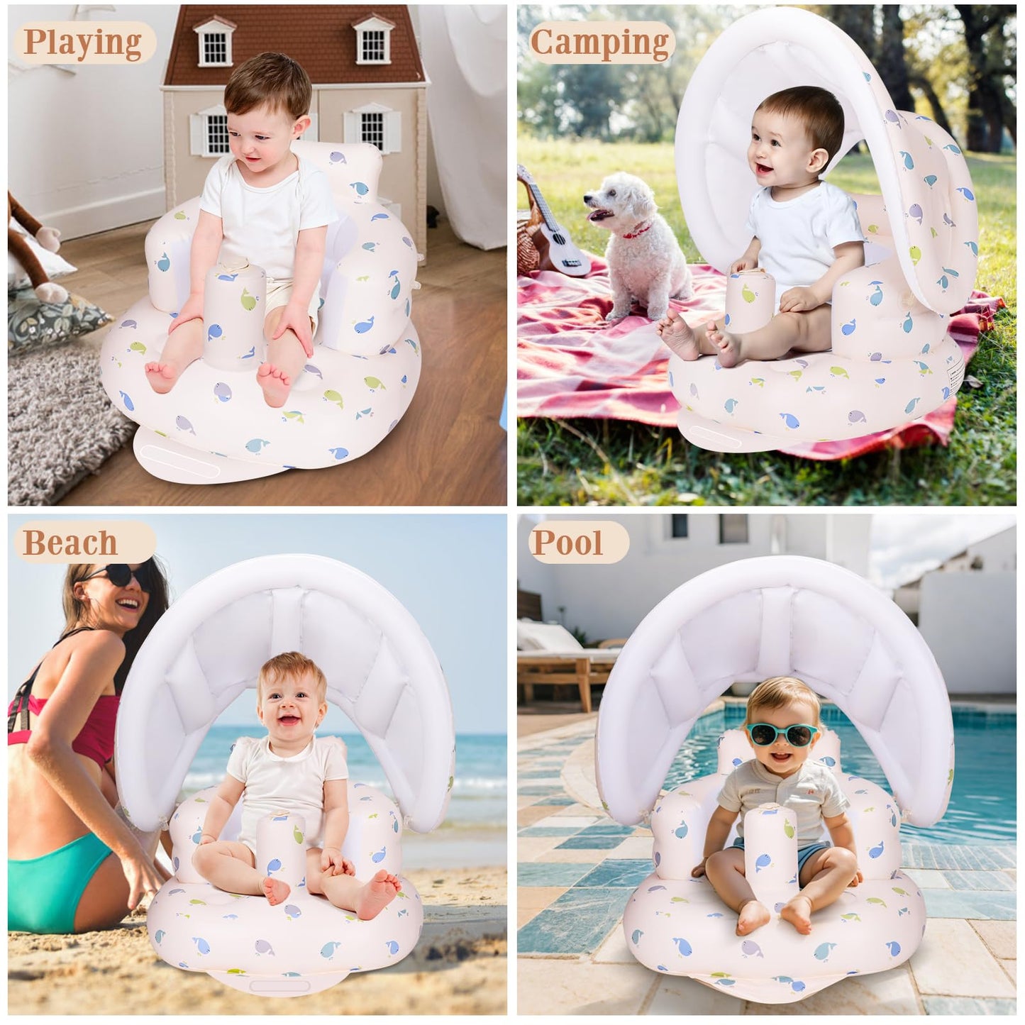 AirSwim Inflatable Baby Seat with Detachable Canopy and Built-in Pump, Inflatable Baby Chair for Babies 3 Months and Up, Sit Me Up Chair for Outdoor Indoor, Bumbo Seat for Infants, Whale