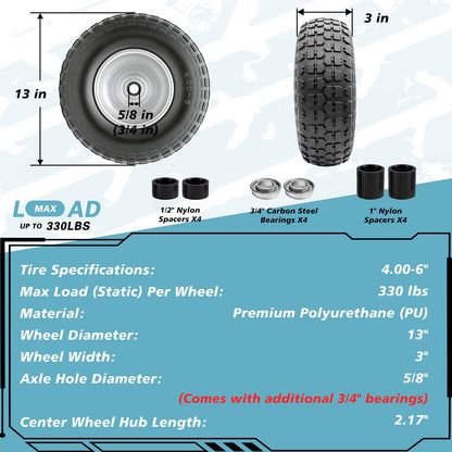 Sutmorly 4.00-6 Tire and Wheel Flat Free,13" Solid Tires with 5/8" Axle Bore Hole and Double Sealed Bearings, Perfect for Wheelbarrow, Garden Cart, Wagon, Dolly (1 Pack)