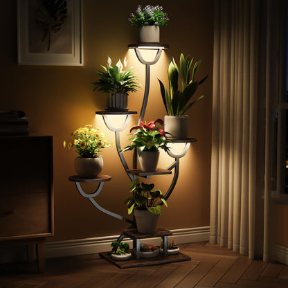 Plant Stand Indoor with Grow Lights - 44.2" Tall Plant Shelf, Lighted Corner Plant Stands for Indoor Growing, 7 Tiered Metal & Wood Plant Holder Display Shelves for Living Room, Patent Design - C4