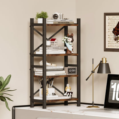 Desktop Bookshelf, 4-Tier Stackable Narrow Bookcase, Adjustable Industrial Desk Organizer & Hutch - Rustic Brown Wood Desktop Book Organizer for Living Room, Bedroom & Home Office