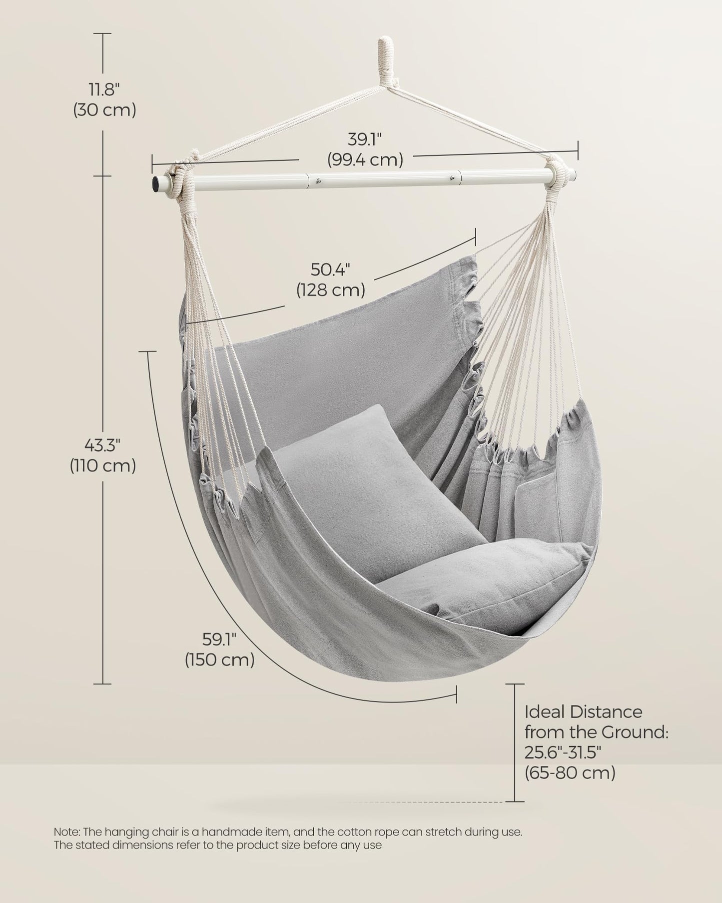 SONGMICS Hammock Chair, Load Capacity 500 lb, Hanging Chair with 2 Cushions, Large Hammock Swing with Chain and Pocket, for Indoor, Outdoor, Living Room, Bedroom, Dove Gray UGDC197G01