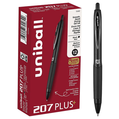 uniball™ 207 Plus+ Retractable Gel Pens, Medium Point (0.7mm), Black Ink, 12 Pack
