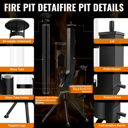 63" Wood Pellet Stove Outdoor Fire Pit with Safe-Guard Kit (Glove, Cover, Ground Stakes), Smokeless Spiral Flame Patio Heater with Quick-Extinguish Barrier for Backyard, Garden, Patio, Bonfire