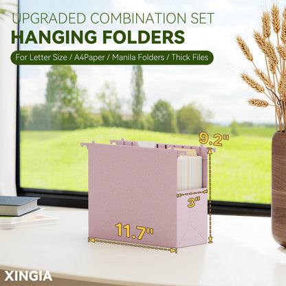 XINGIA Hanging File Folders Letter Size,1'' & 2'' & 3''Expandable File Cabinet Folders with Tabs,Extra Capacity Plastic Hanging File Organizer,12 Pack Pastel Wheat Straw Hang Folder for Office School
