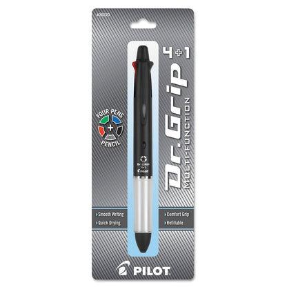 PILOT Dr. Grip 4+1 Multi-Function Refillable & Retractable Ballpoint Pen + Pencil, Fine Point, Black Barrel, Black/Red/Blue/Green Inks, Single Pen (36220)