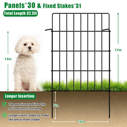 30 Pack Decorative Garden Fence Total 32.5ft (L) x 24in High 1.44" Gap Metal Wire Rustproof Small Animal Barrier Fence Easy Assembly Patio Yard Seedlings Protection Fencing Border Black