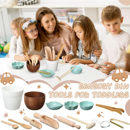 Tiangrid 14pcs Sensory Bin Tool Sensory Tools for Boys and Girls Fine Motor Skill Toys Wooden Tong Spoons Bowls Plate Hammer Magnifying Glass and Rolling Pin for Transfer Work and Fine Motor Learning