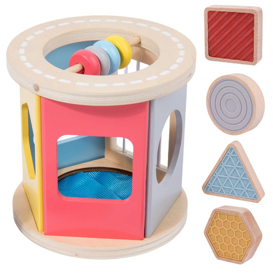 Adena Montessori Wooden Rolling Shape Sorter with 4 Silicone Sensory Blocks – Montessori Toys for 1 Year Old, Color Sorting Activity for Toddlers, Developmental Learning Toy for Boys & Girls