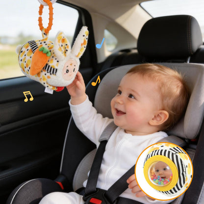 littlove Baby Car Seat Toys Hanging-Carseat Bunny Cube Toy, Infant Sensory Toys for 6 7 8 9 10 11 12 Months, Travel Activity with Rattle, Montessori Plush Newborn Girl Boy Gifts