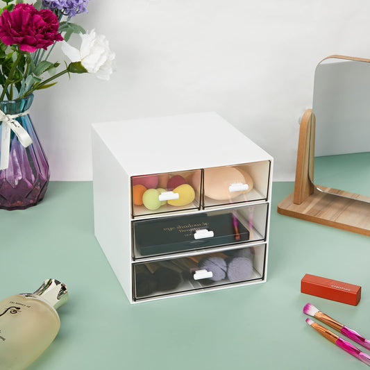Desk Organizer with 4 Drawers, Clear Plastic Desk Storage Box, Desktop Organization for Office Supplies, Gel Pens, Pencils, Markers, Tape, Erasers, Paperclips, Chargers (White-4 Draws)