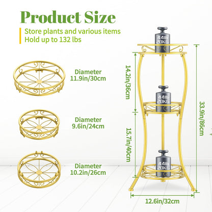iDavosic.ly 3 Tier Tall Metal Plant Stand Indoor Outdoor, Wrought Iron Corner Flower Pot Holder Shelf, 34 Inch Vertical Display Rack for Patio Porch Living Room Garden, Gold