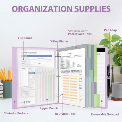 BVSSX 3 Ring Binder with Clipboard,1 Inch Binders with Notepad&5 Dividers with Pockets, Labels,PU Clipboards for School Office(Purple,Letter Size)