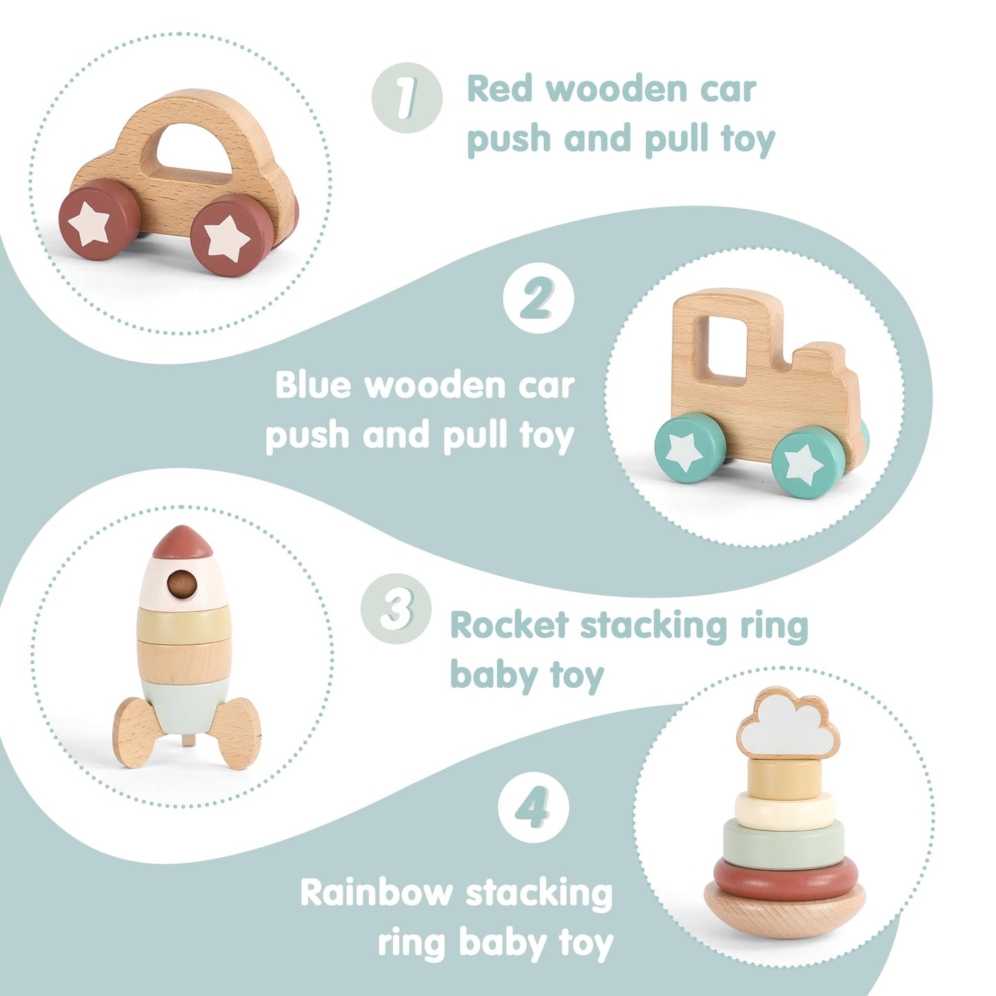 FReniland Wooden Montessori Toys, 4-Piece Wooden Baby Toy, Rainbow Stacking Ring,Car Push and Pull Toy, Rocket Stacking Ring Babys Toys,Newborn Baby Gift Sets for Boys and Girls