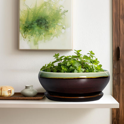 SQOWL Bonsai Pots 12 Inch - Large Ceramic Pots for Succulents with Drainage Hole and Saucer, Shallow Planter for Indoor Plants Outdoor, Round Planter Bowl, Office Decor, Gifts for Women, Green-Brown
