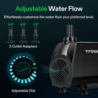 VIVOSUN 1050 GPH 100W Submersible Water Pump, Quiet Fountain Pump With 13.1 ft Head Lift, 6.6 ft Power Cord, 3 Nozzles, Tubing, & 2 Clamps, For Fish Tank, Pond, Aquarium, Hydroponics
