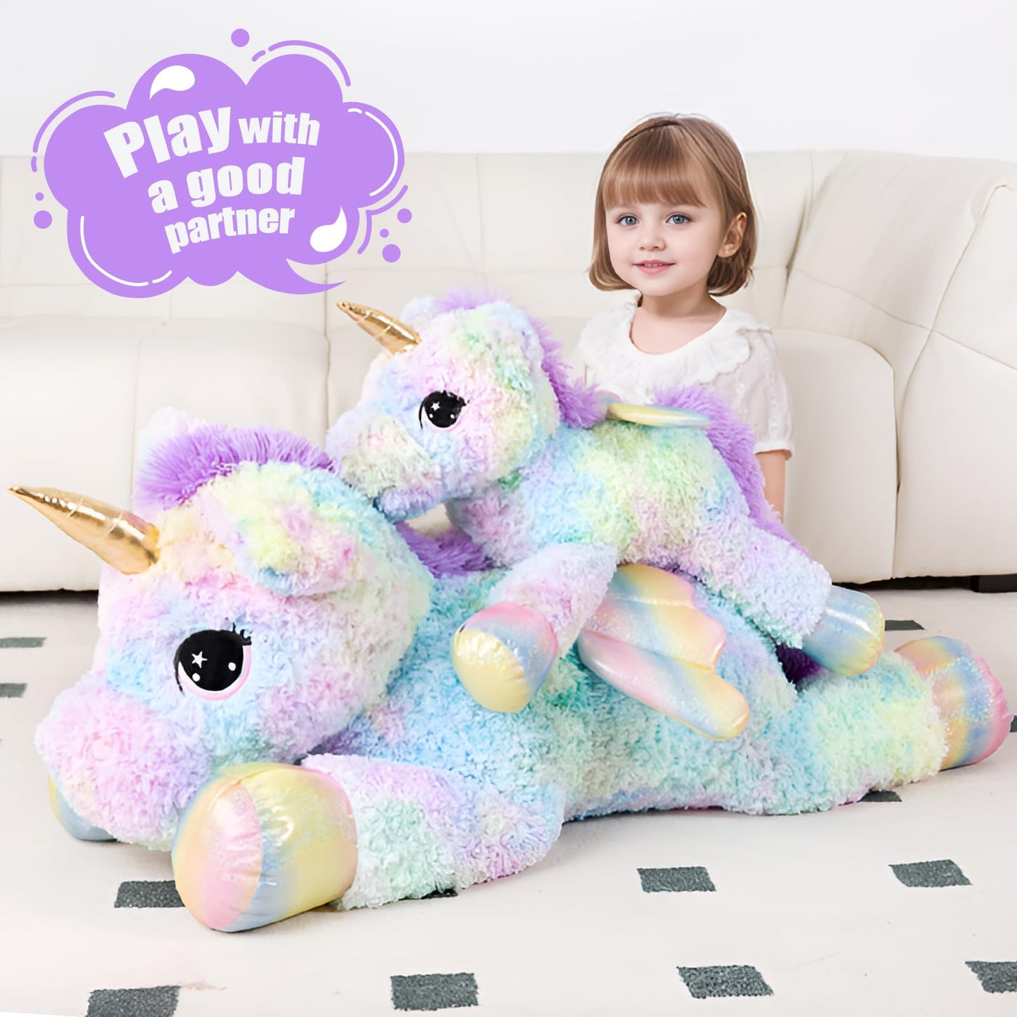 FFxiong 44 Inch Giant Rose Rainbow Unicorn Stuffed Animal Plush Toy with Wings Soft Cute Large Unicorn Plushies Animals Body Pillow Gift for Children Boy Girl Kids Birthday Valentine Room Decorations