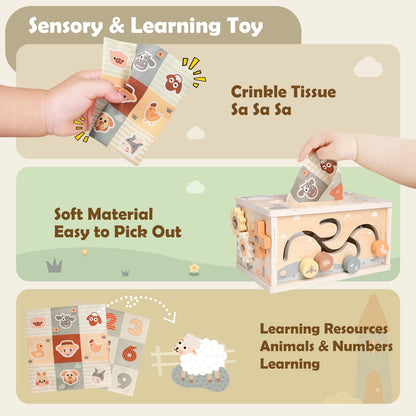 DINORUN Baby Tissue Box Toy - Baby Toys 18 Months 2 3 4 Years Montessori Toys for Babies 18 Months with Crinkle, Infant Activity Cube Sensory Christmas Stocking Stuffers Learning Toy for 2 3 4 Years