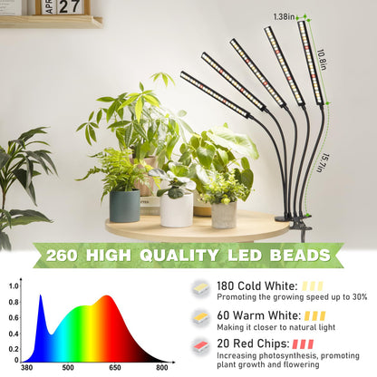 FOXGARDEN Grow Lights for Indoor Plants Full Spectrum, Plant Lights for Indoor Growing with Timer 4/8/12 H, Five-Head 260 LED Clip Grow Lamp with Gooseneck, 4 Brightness Levels for Plant Growing