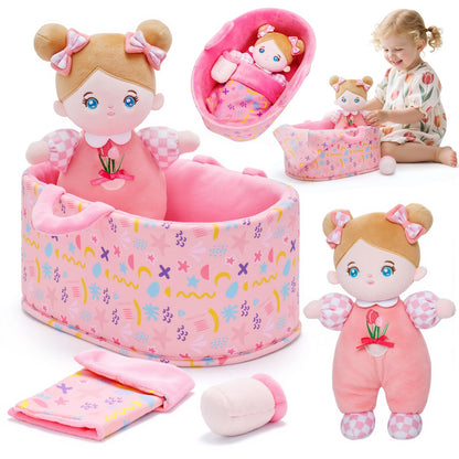 OUOZZZ Baby Doll Accessories with Soft Doll, Bassinet, Blanket and Bottle, Interactive Pretend Playset for Social Emotional Learning, Toy for 2 Year Old Girls