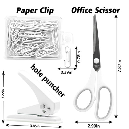 sportsvoutdoors White Desk Accessories, Modern Minimalist Office Supplies Set, Large Stapler, Tape Dispenser, Scissors, Paper Clips, Tabs with Ruler