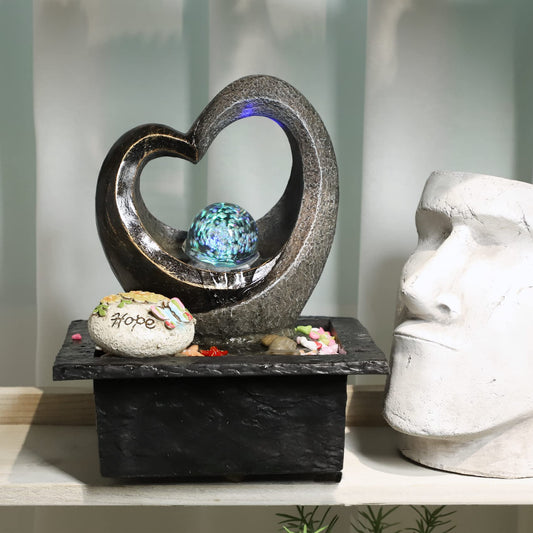 Ferrisland Tabletop Water Fountain, Zen Meditation Indoor Waterfall Fountain, Heart Shape Decoration with LED Light for Home Office Bedroom Relaxation Decor, Gift Ideas