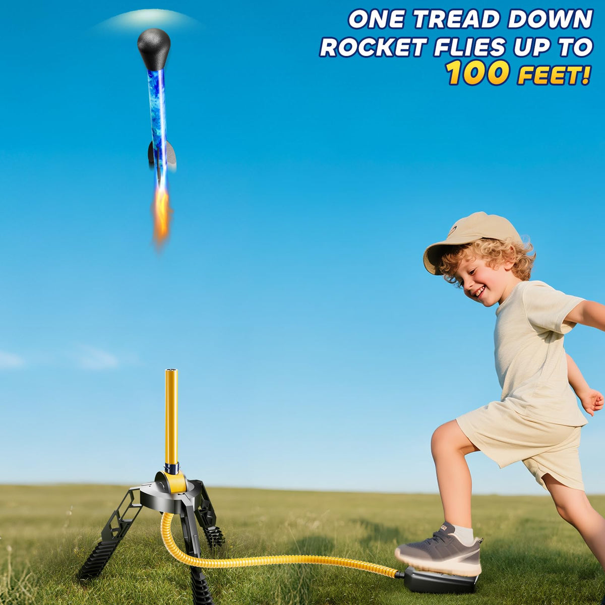 JUKUDAHU Rockets for Kids Age 4-8 with 4 LED Rockets and Launcher - Outdoor Toys for 4 5 6 7 8-12 Year Old Boy Birthday Gift, Air Powered Flying Toy Shooting Up to 100 Feet, Toys for Kids Ages 8-12