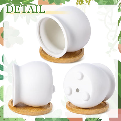 Remerry 12 Pcs 3.5 Inch Mini Succulent Pots with Bamboo Tray White Ceramic Pots Color Your Own DIY Small Planters Containers for Flower Cactus with Drainage Hole for Plant Lover