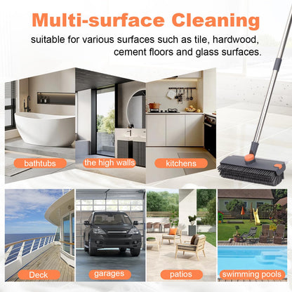 Floor Scrub Brush with 64" Long Handle - 360° Swivel Heads Household Push Brush with Squeegee and Right Angled Bristle for Cleaning Concrete Floors Grout Gardens Patio Deck Concrete Garage Heavy Duty
