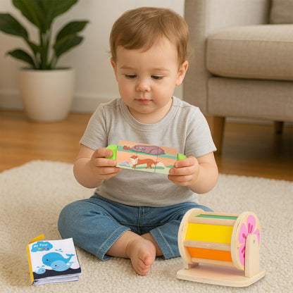 Wooden Baby Toys, 6-in-1 Newborn Learning Educational Sets Includes Mirror Spinning Drum, Rain Stick, Soft Cloth Books, Shape Sorter, Baby Roller - Christmas Birthday Gift for Boys Girls