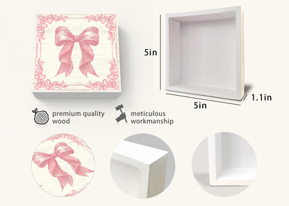 ULEGIE Pink Bow Coquette Wooden Box Sign, Coquette Room Decor, Dorm Room Essentials for Girls, Girly Ribbon Bow for Girls Room Dorm College Bedroom Desk Shelf Tabletop Decoration 5 x 5 Inch