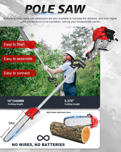 WTHW 52CC Gas Weed Wacker & Weed Eater Multi-Tool - Heavy Duty Brush Cutter, Pole Saw, Hedge Blade, String Line & 40-Inch Extension - Anti-Vibration Design, Fast Cold Starts (Red)