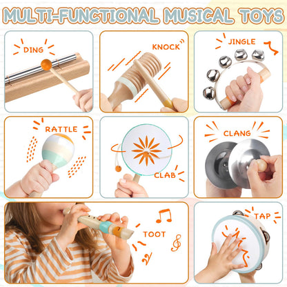 Baby Musical Instruments - Montessori Musical Toys for Toddlers 1-3, Wooden Percussion Instruments Set, Kids Preschool Educational Music Learning Toys, Birthday Gifts for Boys Girls (Neutral)