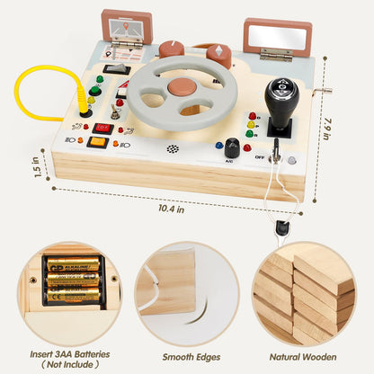 Joyreal Toddler Busy Board with LED Lights, Steering Wheel, Sounds, Montessori Toys for 1+ Year Old, Fidget Board Sensory Travel Toy, Gifts for Boys and Girls
