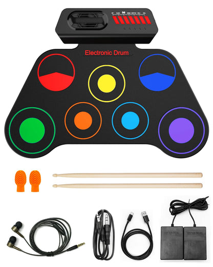 AiJoy Portable Electronic Drum Set for Kids – 7 Pads, Built-in Speaker, Rechargeable Roll-Up Drum Kit with Headphone Mode & Demo Songs – Ideal Xmas Gift for Beginners & Children
